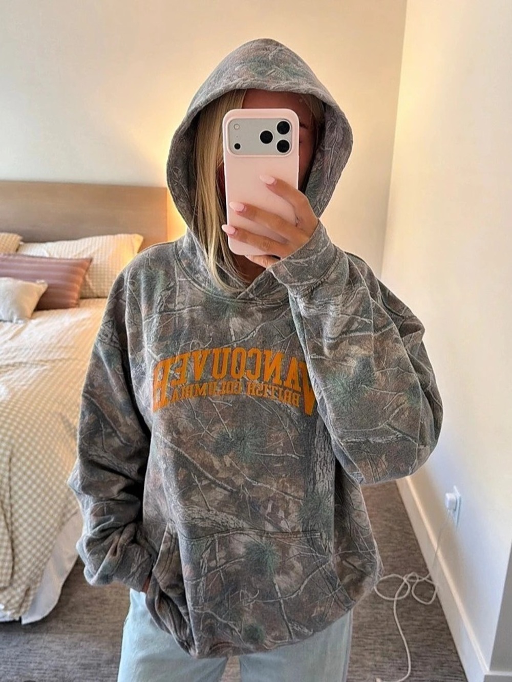 Urban Outfitters Vancouver Graphic Woodland Camo Hoodie Sweatshirt Gray & Green